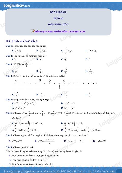 Đề thi học kì 1 Toán 7 - Đề số 10 - Kết nối tri thức